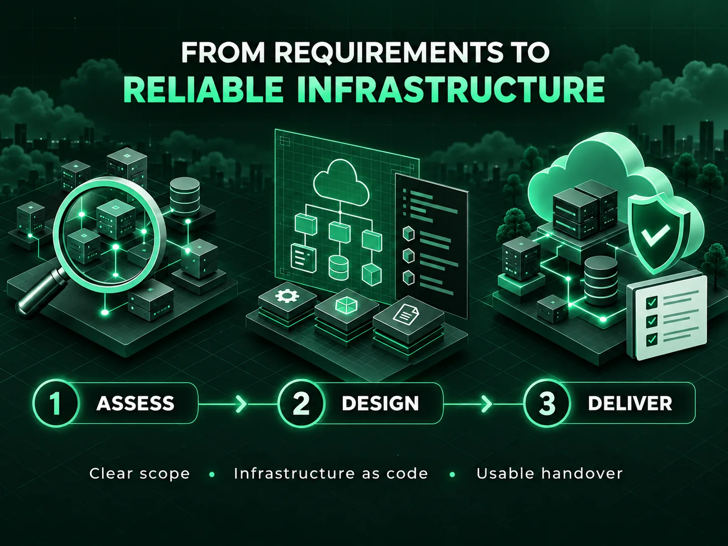 Three-stage DevOps process covering assessment, infrastructure design, and delivery